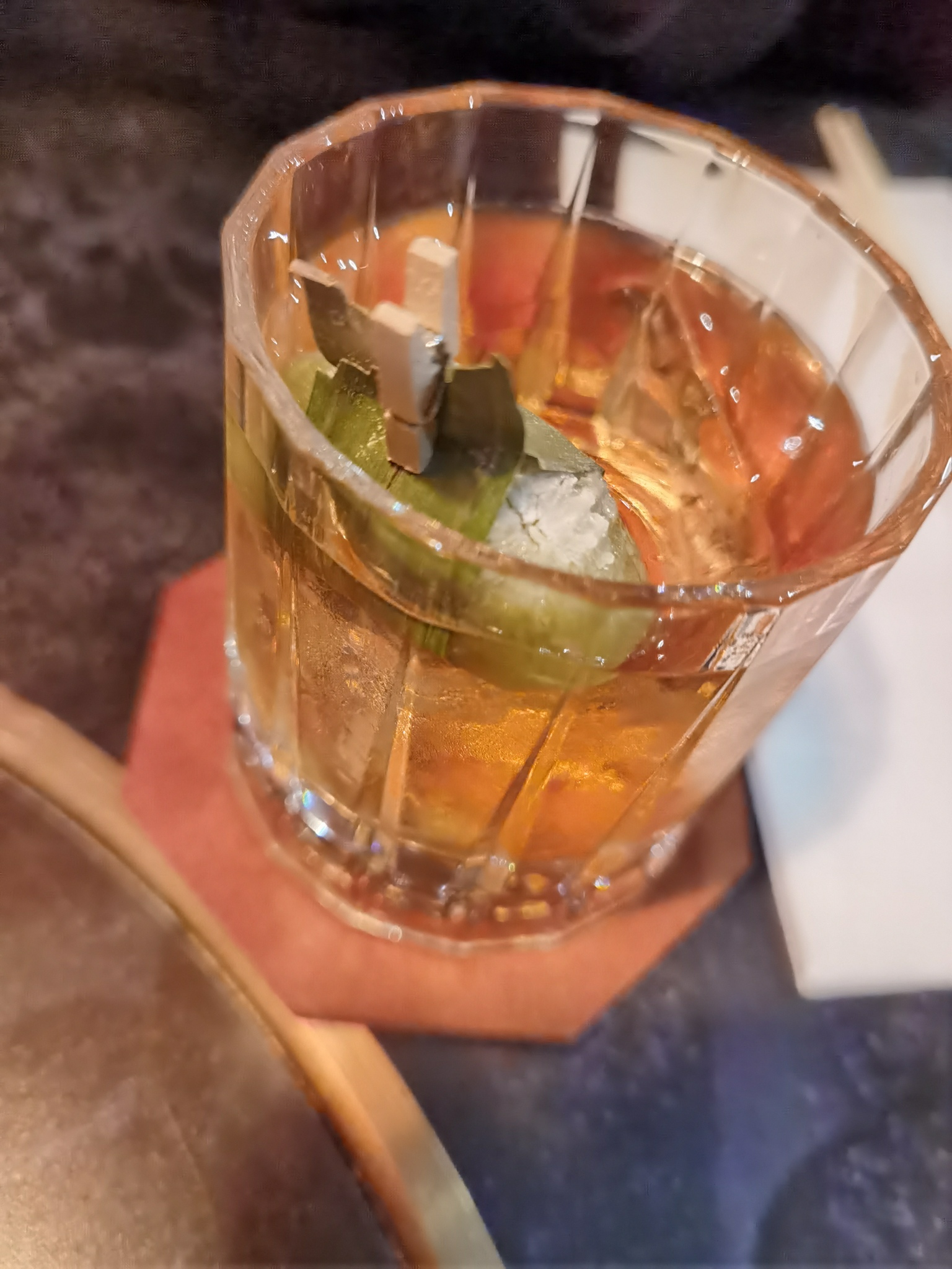 Shennong Old Fashioned - have you ever seen a mochi clamped into a cocktail before? Now you have!